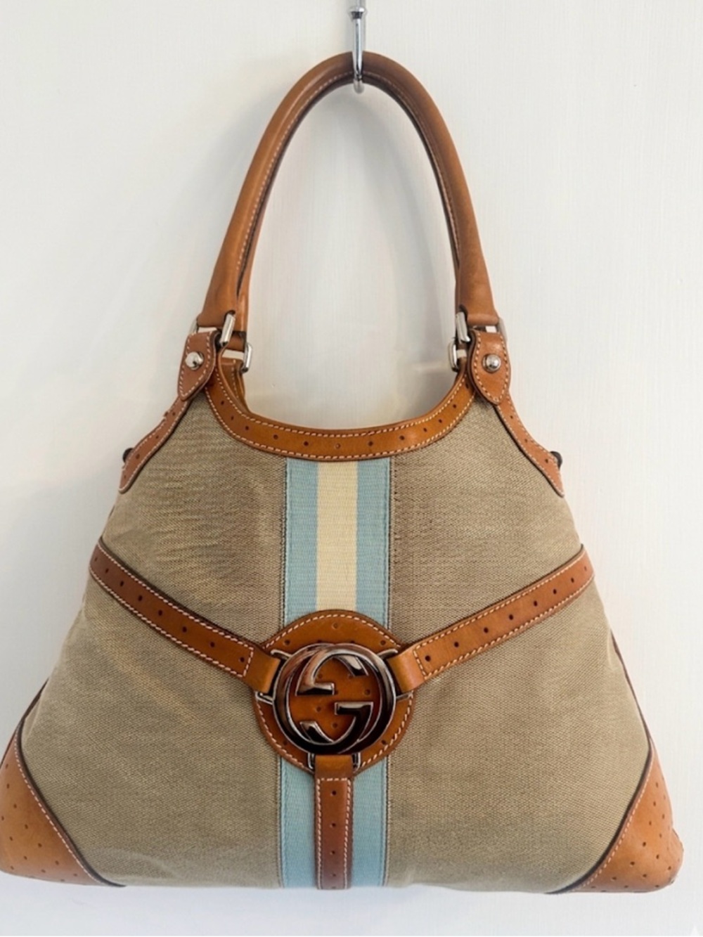 GUCCI GG Rains Hobo Canvas Leather Beige Blue Stripe Jackie Silver Hardware Rein